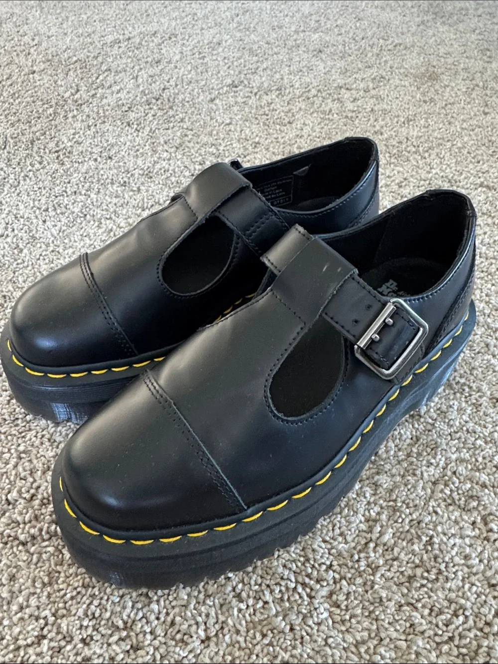 New Dr. Martens Black Mary Jane Platform Shoes with Yellow Stitching
